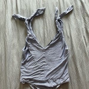 Blue and white striped body suit